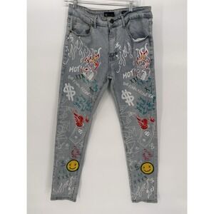 Waimea Men's Jeans Skinny Fit 34×32 Graffiti Paint Splatter Streetwear Denim